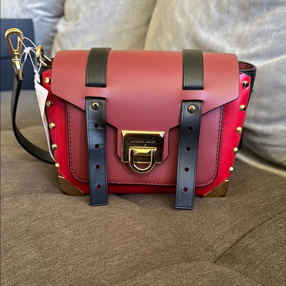 Michael Kors Red and Black Crossbody Bag with Gold Accents